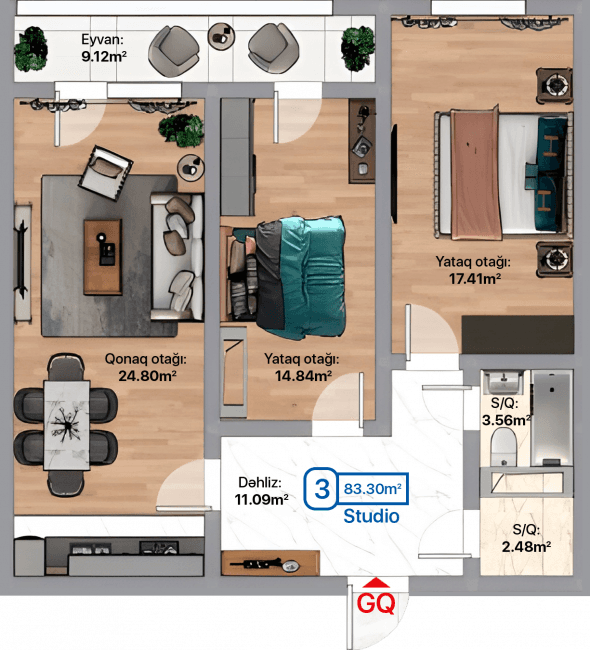 Blue City, 3 otaqlı studio, 83.30 kvm, bina 3B, 3D, 3E - 2