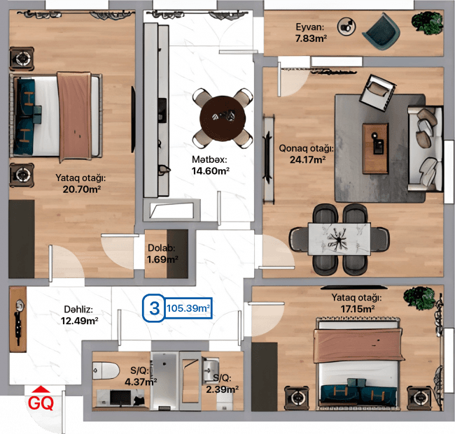 Blue City, 3 otaqlı mənzil, 105.39 kvm, bina 3B, 3D, 3E - 2