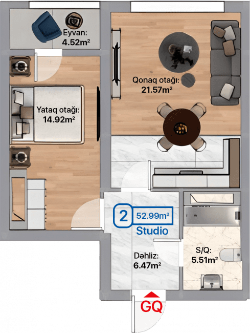 Blue City, 2 otaqlı studio, 52.99 kvm, bina 4B, 4D, 4E - 2