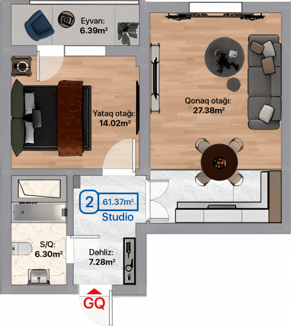 Blue City, 2 otaqlı studio, 61.37 kvm, bina 4B, 4D, 4E - 2