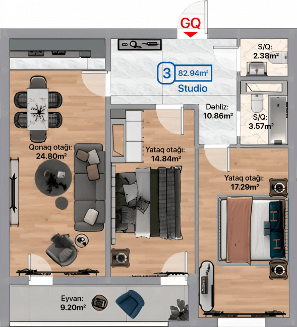 Blue City, 3 otaqlı studio, 82.94 kvm, bina 4B, 4D, 4E - 2