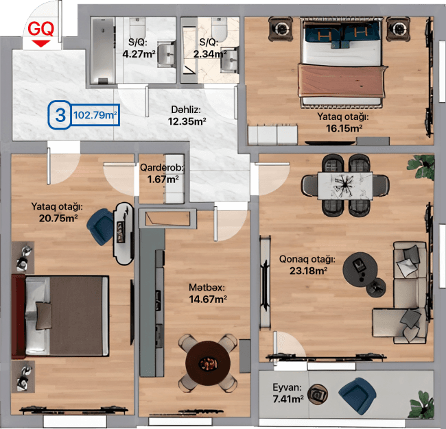 Blue City, 3 otaqlı mənzil, 102.79 kvm, bina 4B, 4D, 4E - 2