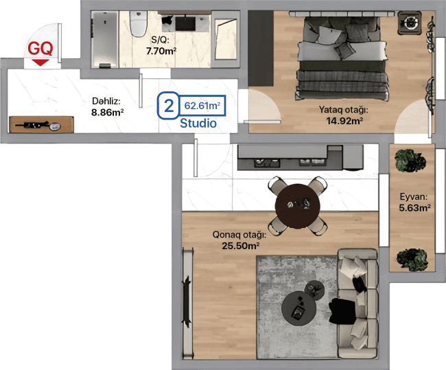 Blue City, 2 otaqlı studio, 62.61 kvm, bina 3B, 3D, 3E - 1
