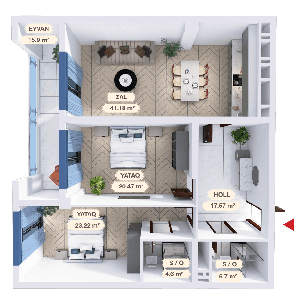 3 otaqlı mənzil,  129.36 kvm - 2