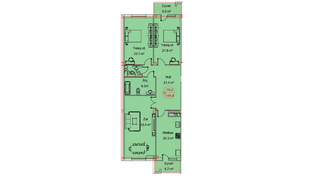 Sipark-H.Əliyev 3 rooms 145,80 sqm