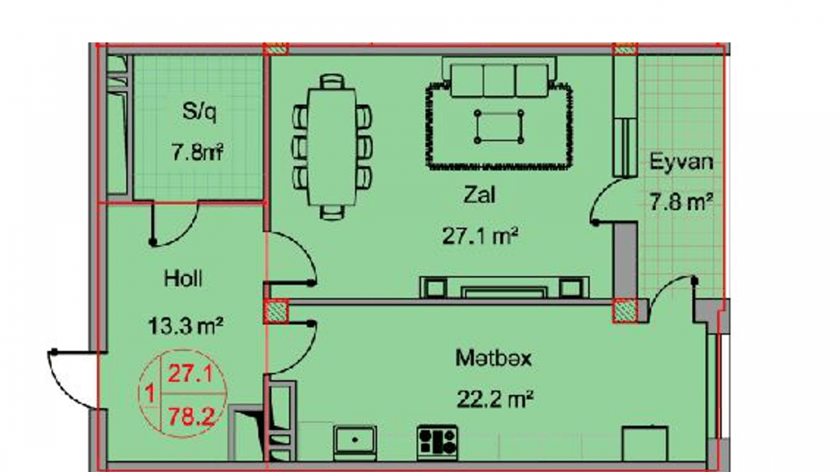 Sipark-H.Əliyev 1 room 78,20 sqm