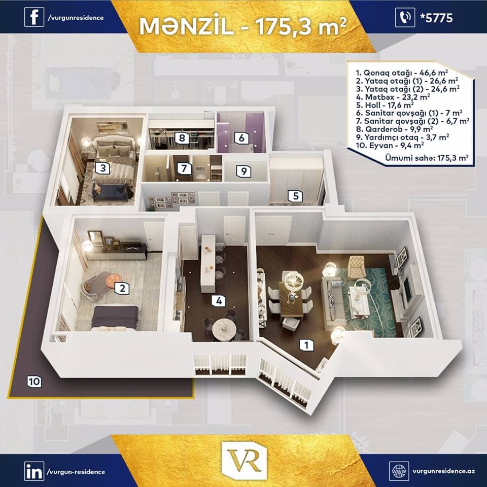 Vurgun Residence 3 otaqli 175,30 kvm