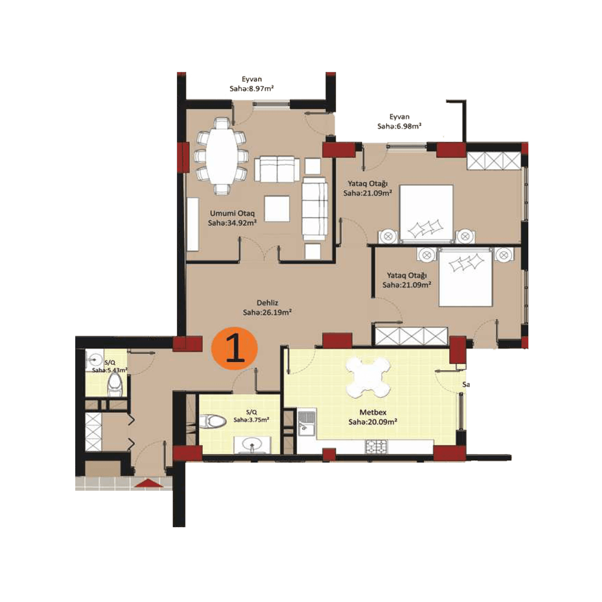 Baku Pearl Residence b 3 rooms 135,00 sqm