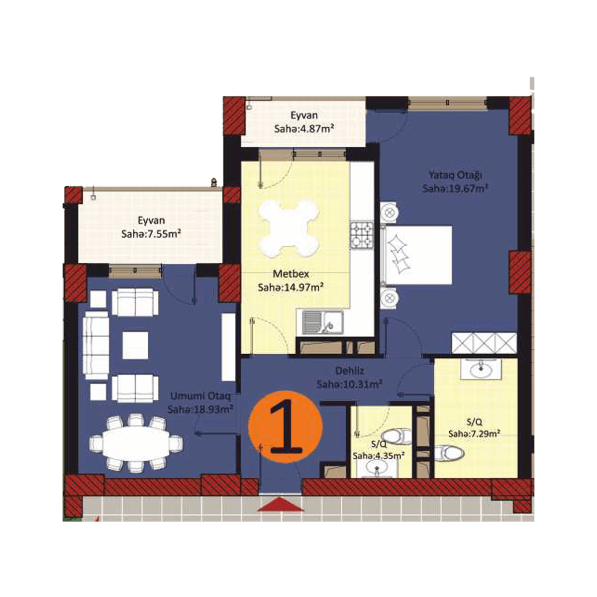 Baku Pearl Residence k 2 rooms 88,00 sqm - 2