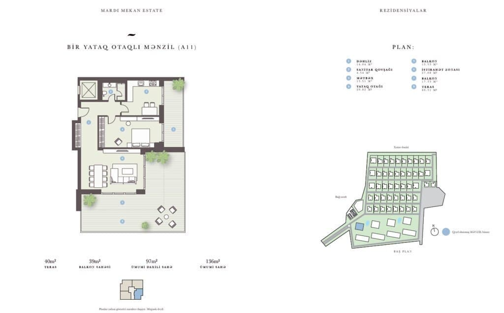 136 kvm, 2 otaqlı mənzil
