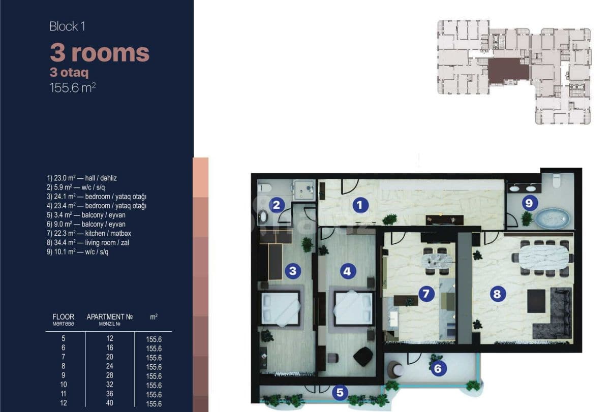 Bayıl Residence c 3 otaqli 155,60 kvm