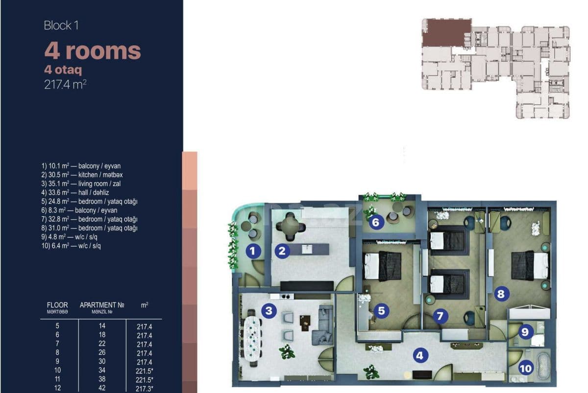 Bayıl Residence g 4 otaqli 217,40 kvm