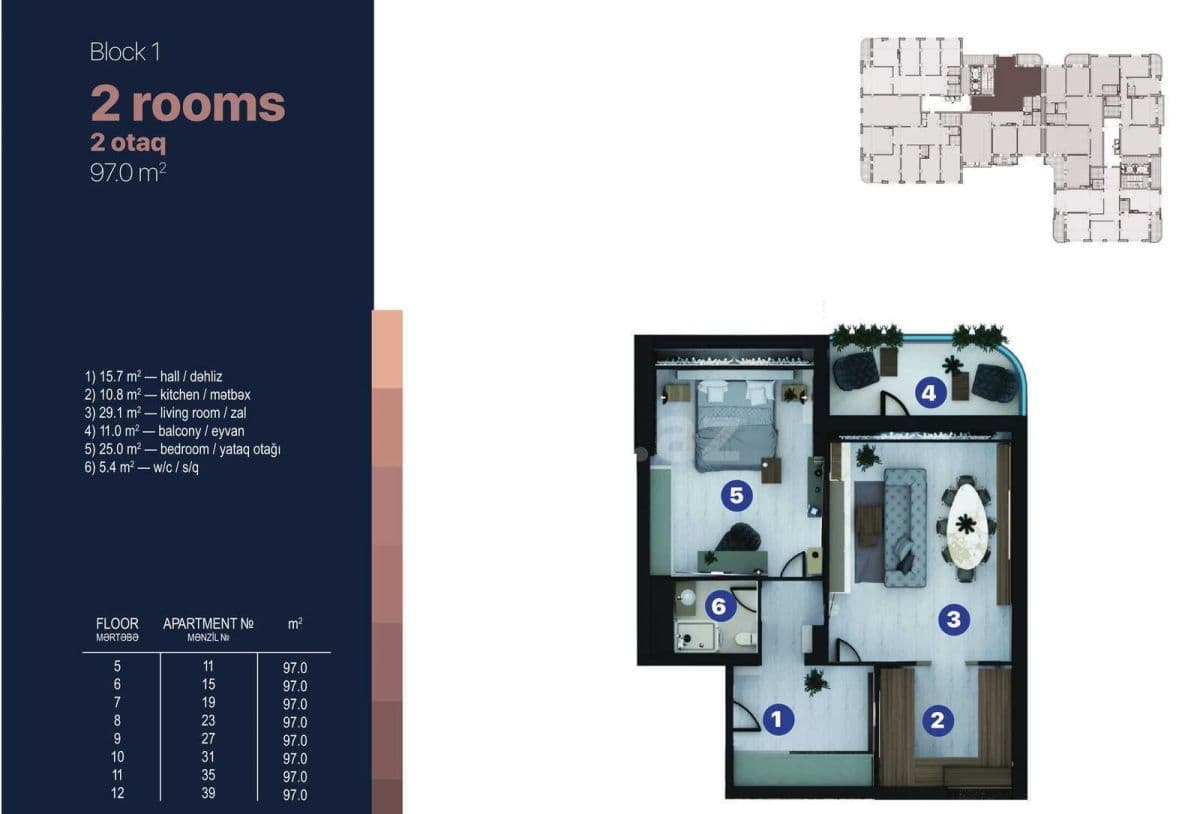 Bayıl Residence a 2 otaqli 97,00 kvm