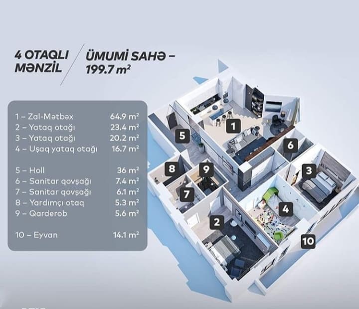 Vurgun Residence 4 otaqli 199,00 kvm