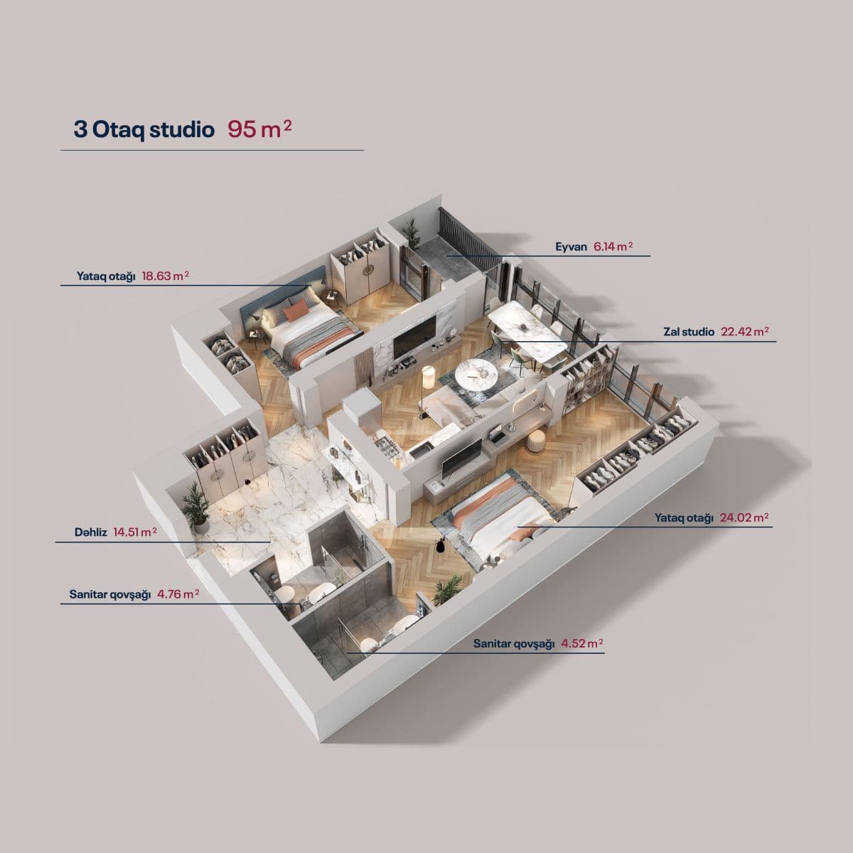 95 kvm, 3 otaqlı mənzil