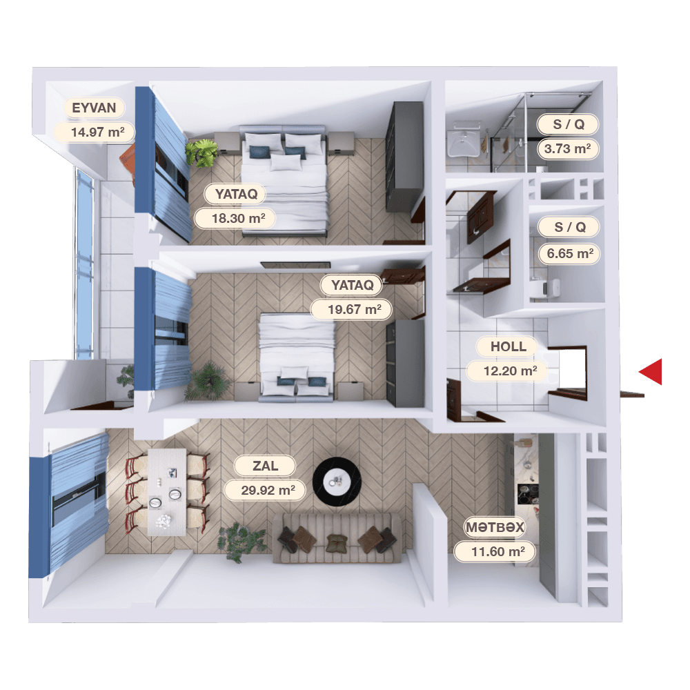 3 otaqlı mənzil,  117.04 kvm - 2