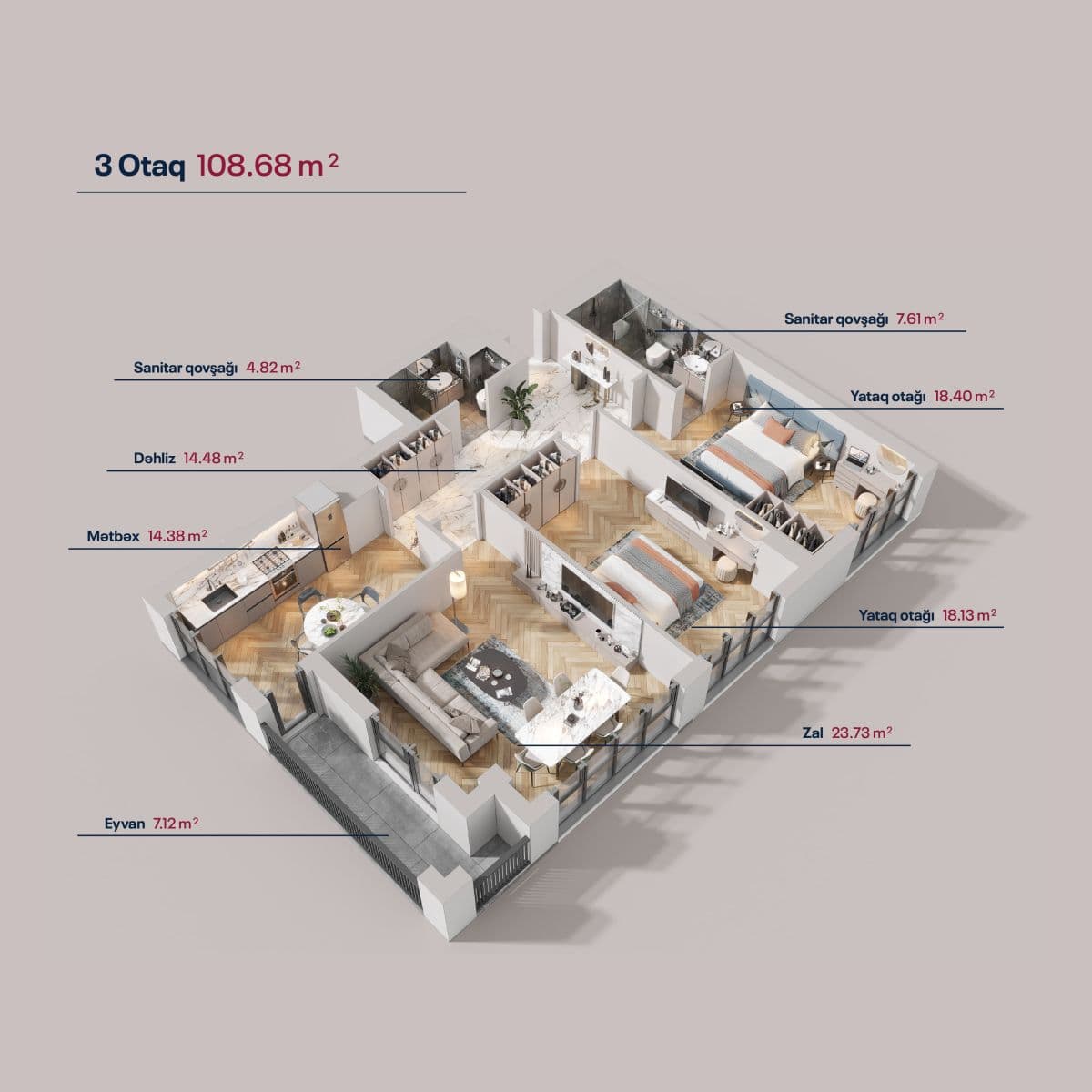 108.68 kvm, 3 otaqlı mənzil