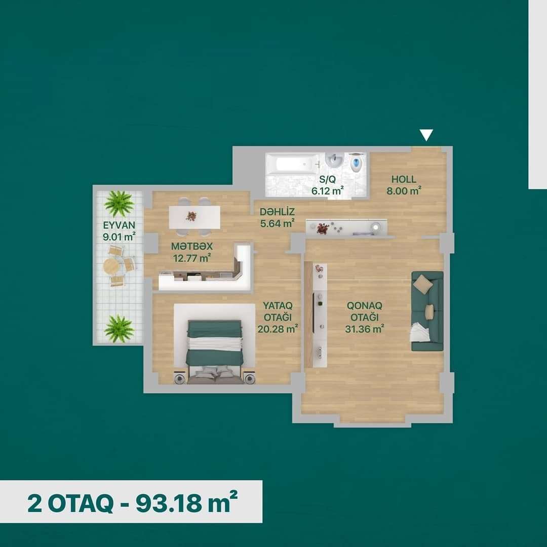 93.18 kvm, 2 otaqlı mənzil