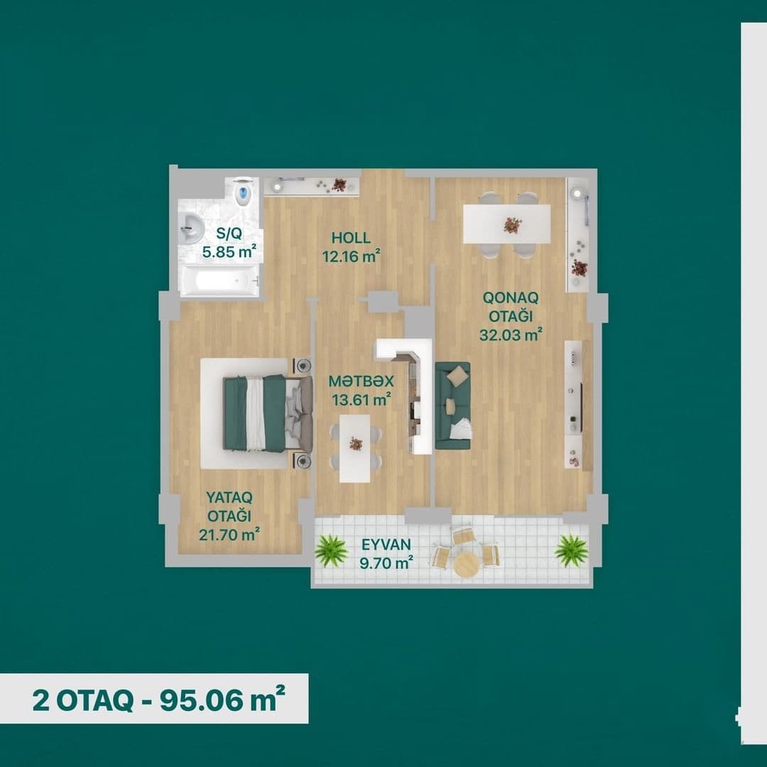 95.06 kvm, 2 otaqlı mənzil
