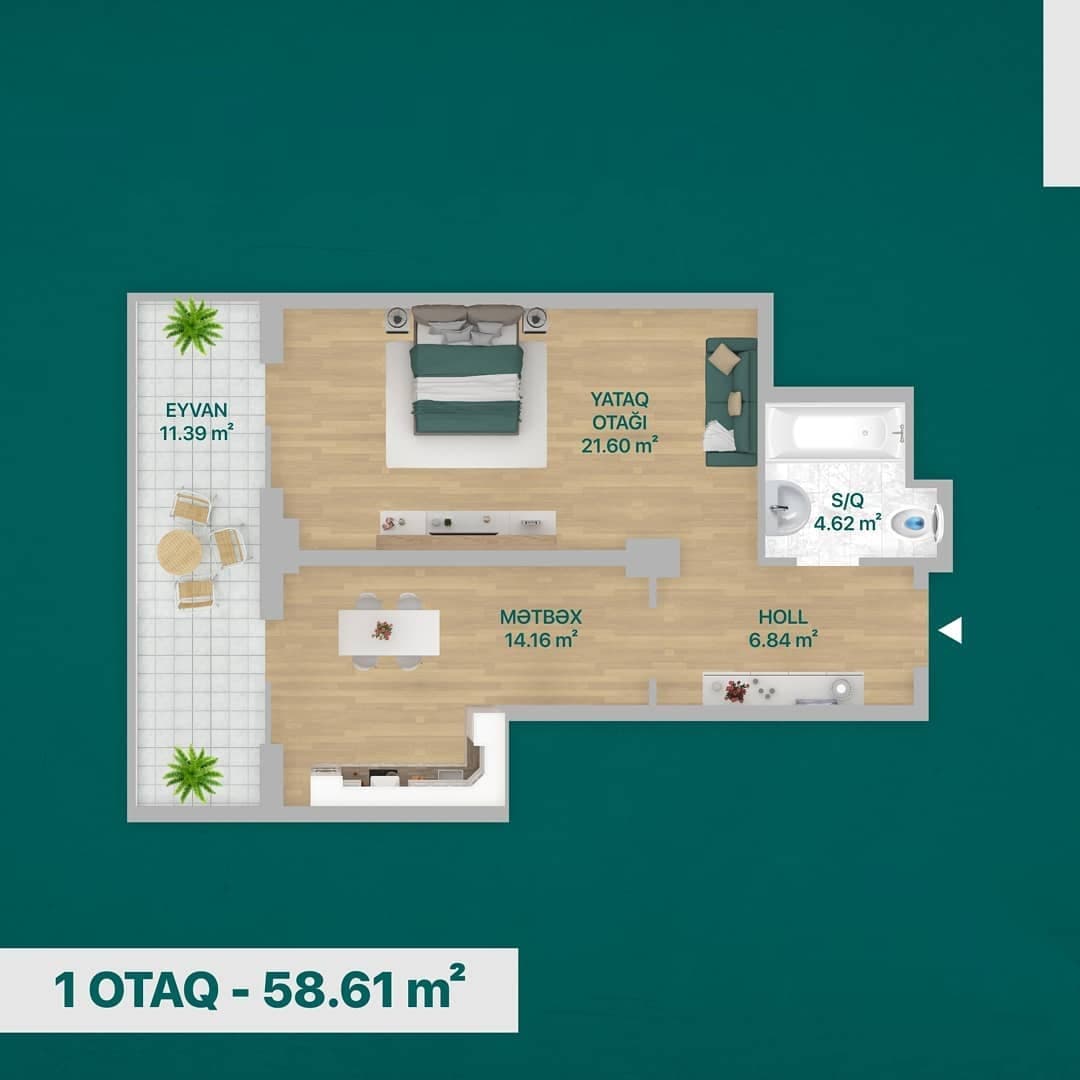 58.61 kvm, 1 otaqlı mənzil