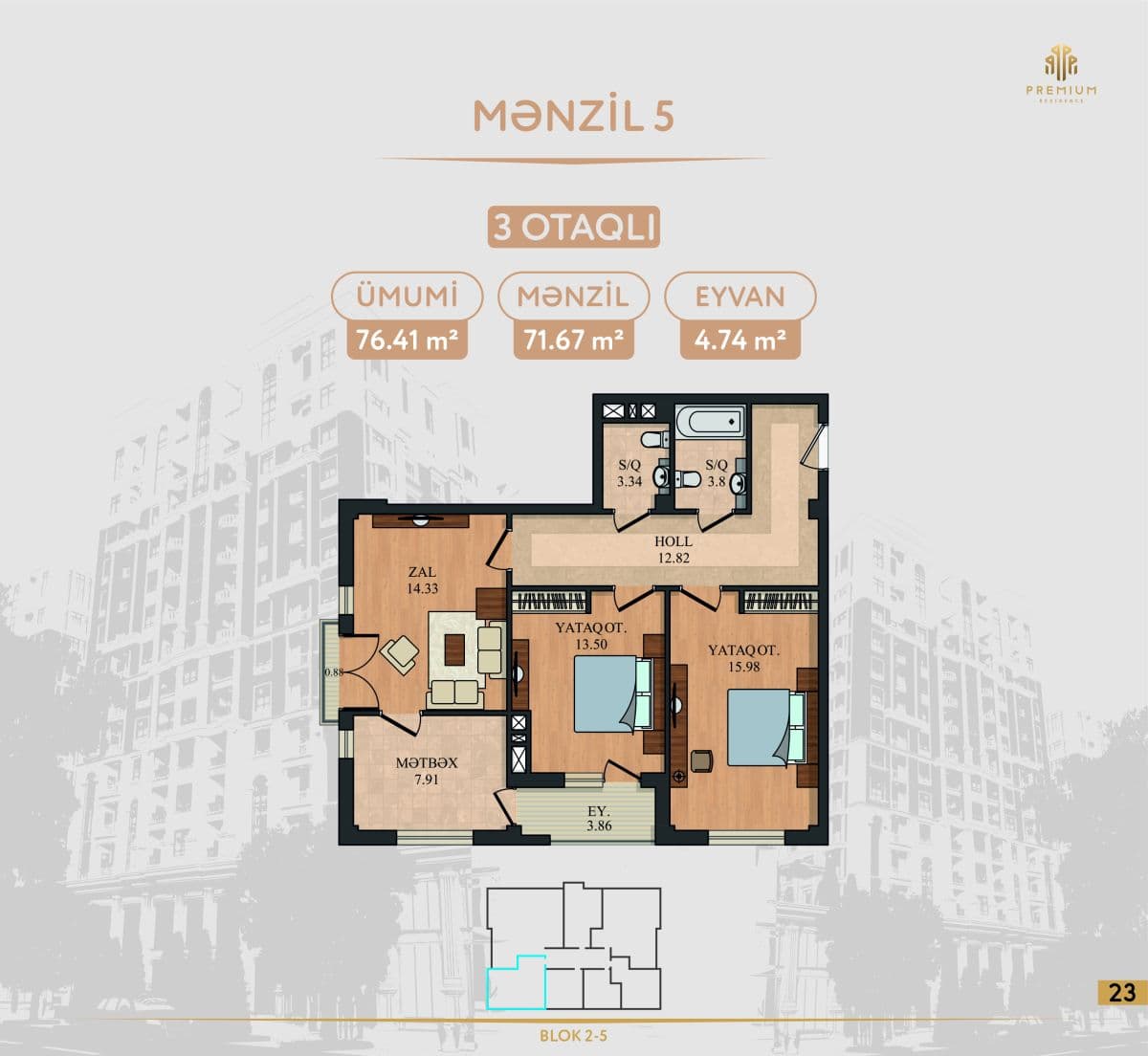 5 Ulduz 3 rooms 76,41 sqm