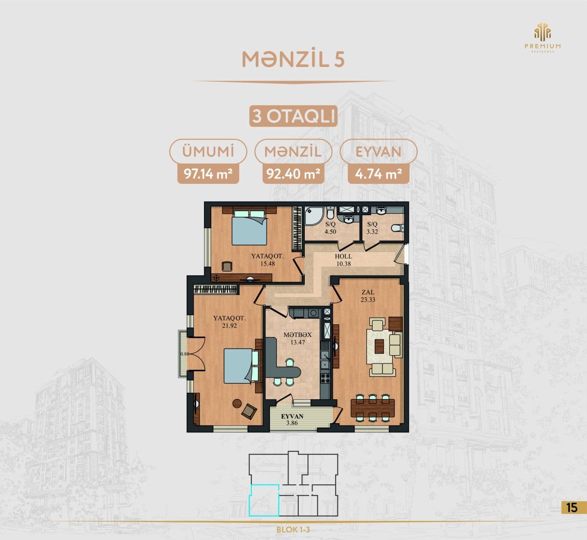 5 Ulduz 3 rooms 97,14 sqm