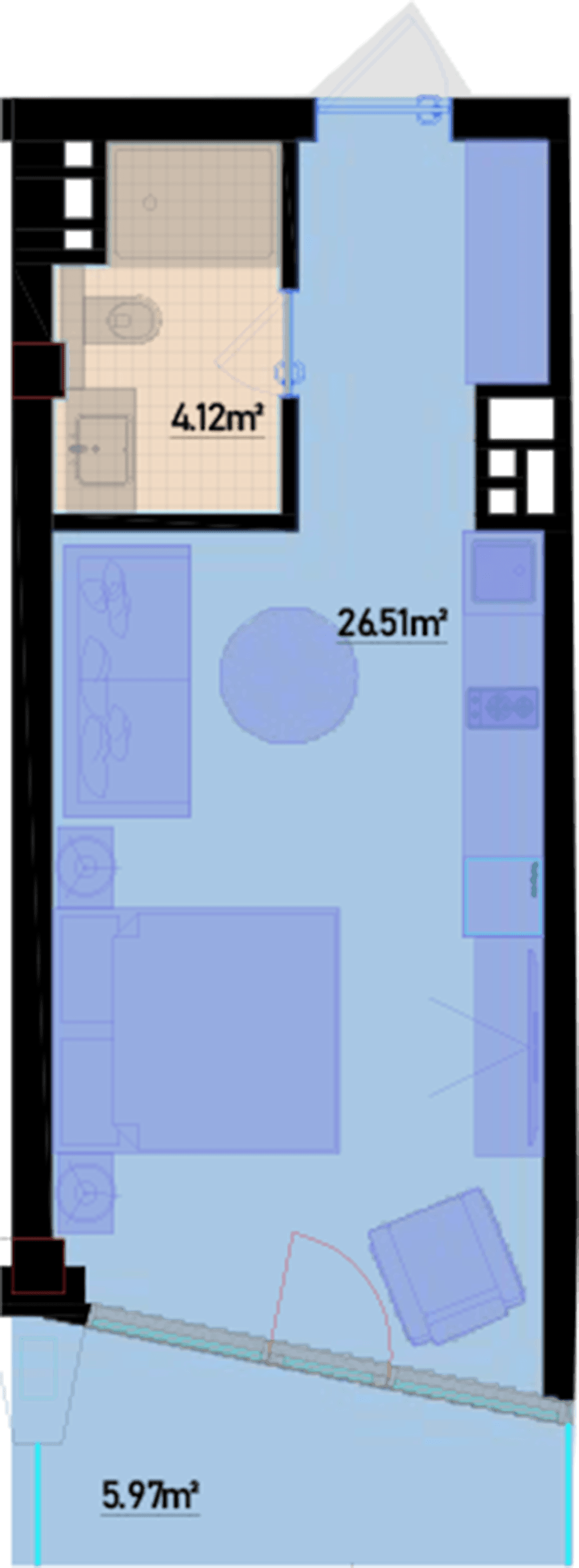42.94 sqm, studio apartment - 1