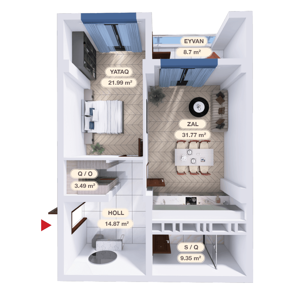 2 otaq studio,  90.16 kvm - 1