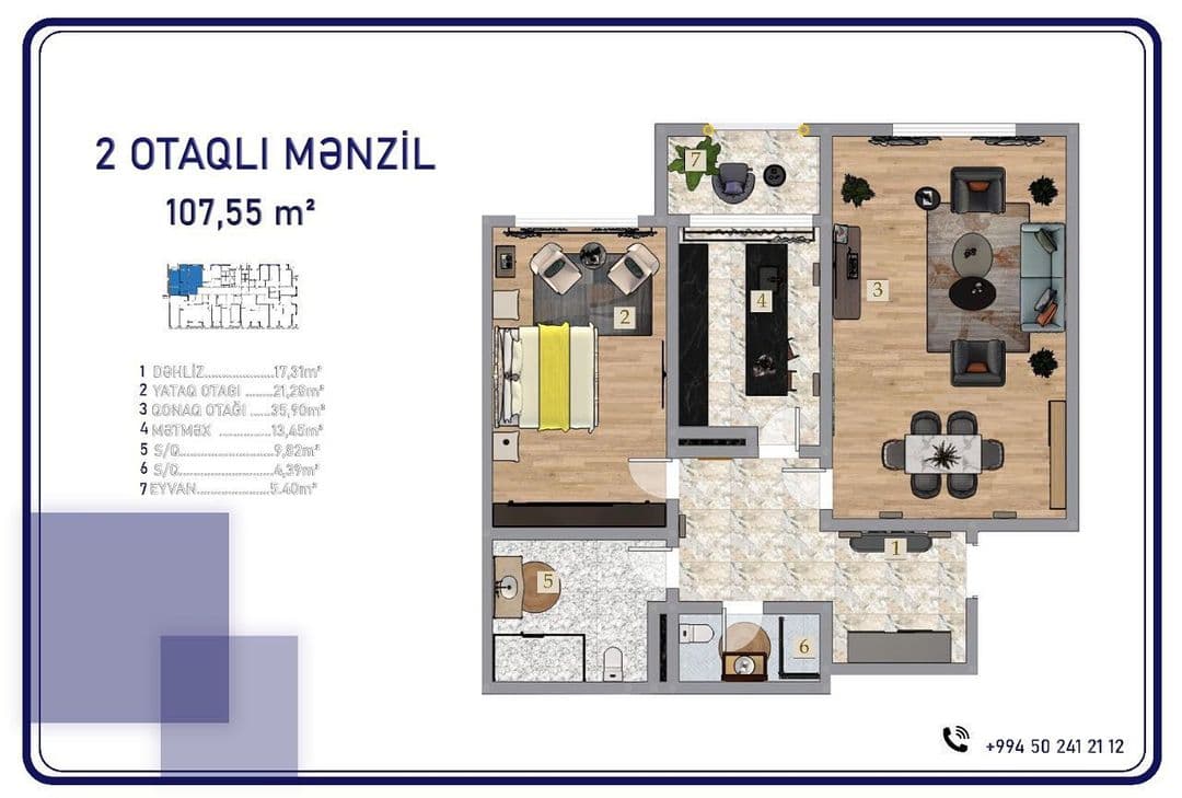 2 otaq, 107,55 kv.m. - 2