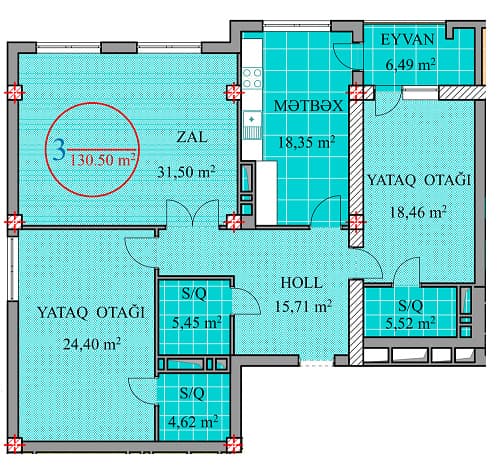 3 rooms, 130.50 sq.m - 2