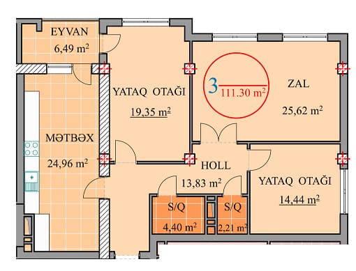 3 otaq, 111.30 kv.m - 2