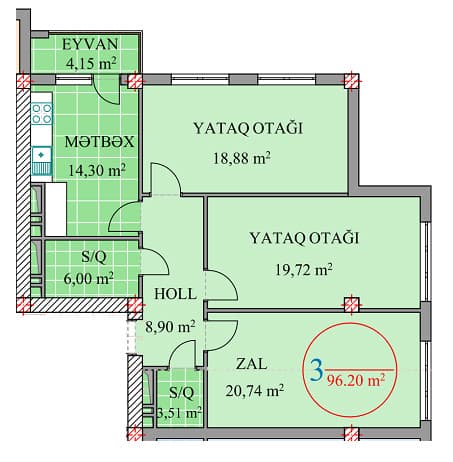 3 otaq, 96.20 kv.m - 2