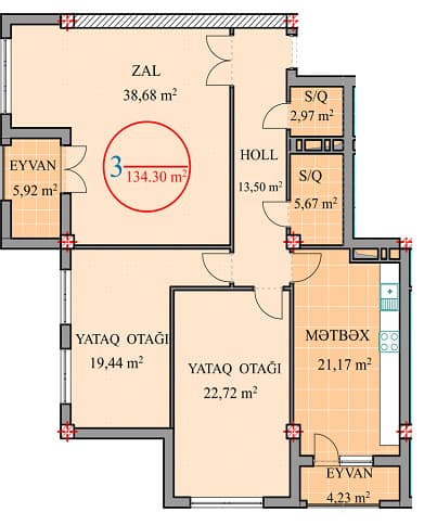 3 rooms, 134.30 sq.m - 2