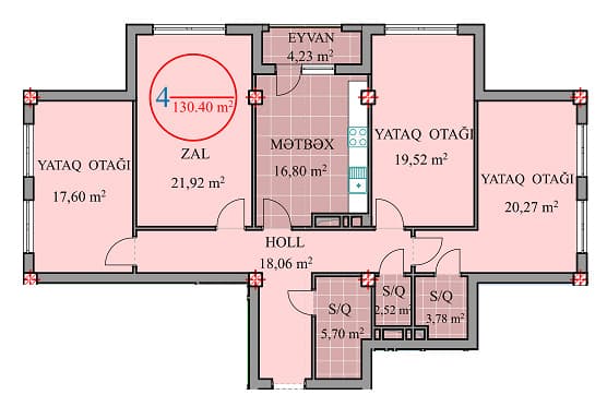 4 rooms, 130.40 sq.m - 2