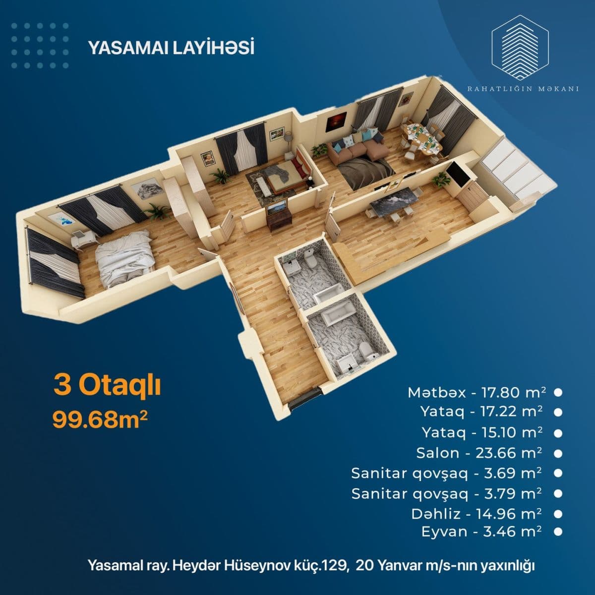 3 rooms, 99.68 sq.m.