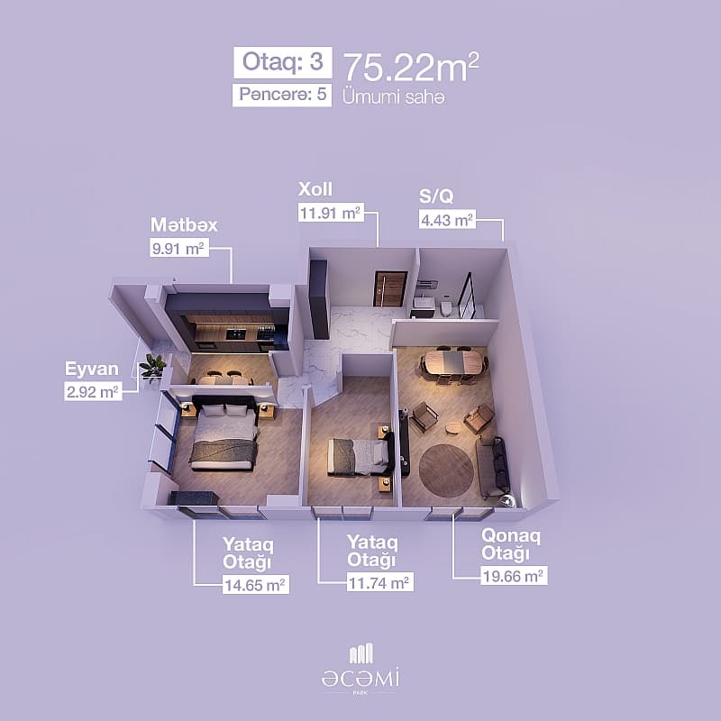 3 rooms, 75.22 sq.m.