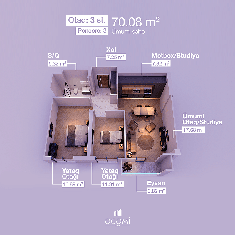 3 rooms, 70.08 sq.m.