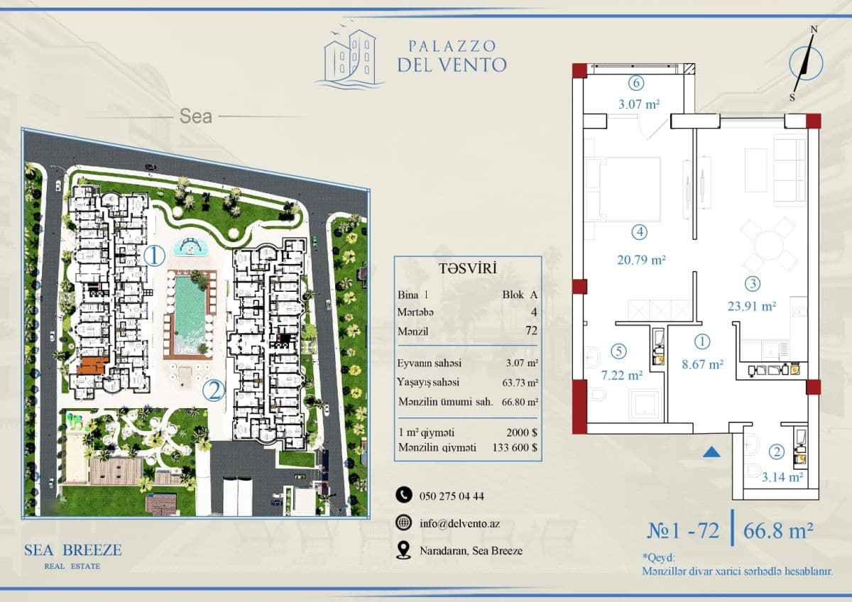 66.8 kvm, 2 otaqlı mənzil