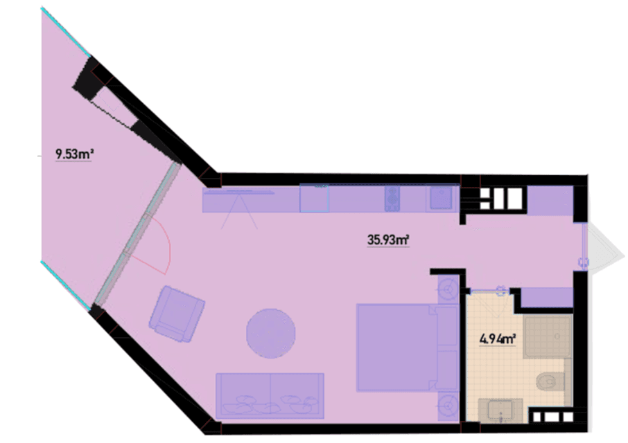 58.24 kvm, 1 otaqlı mənzil