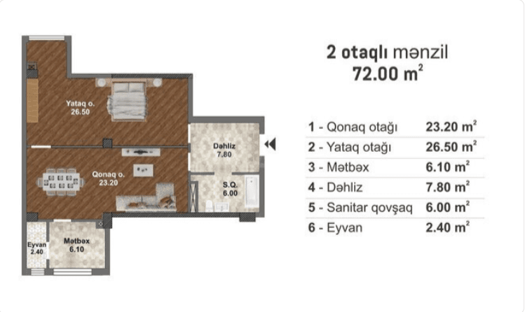 72 kvm, 2 otaqlı mənzil