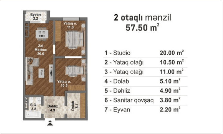 57.5 kvm, 3 otaqlı studio mənzil