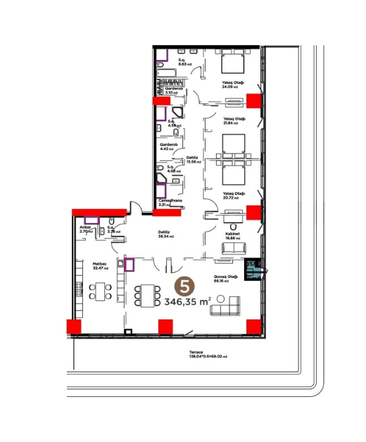 346.35 kvm, 5 otaqlı mənzil