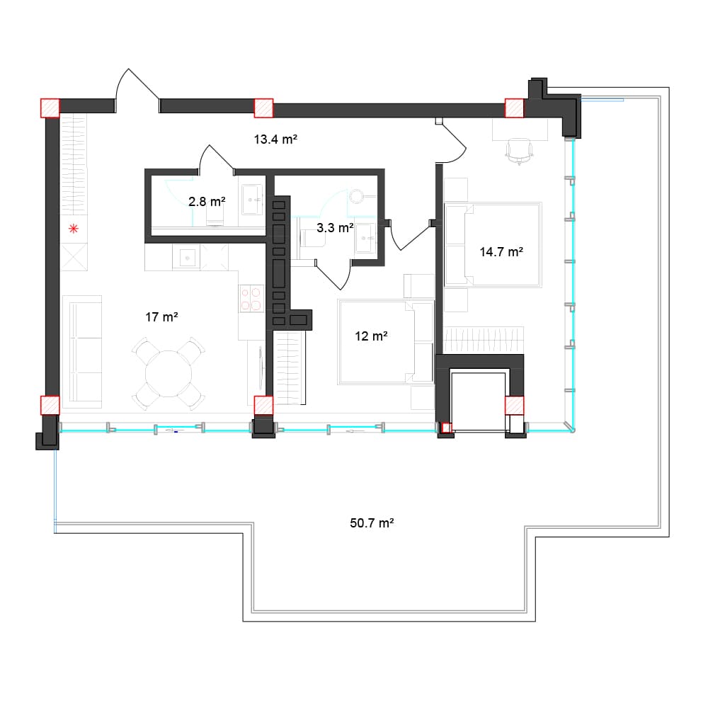 2 otaqlı, 127.9 kvm