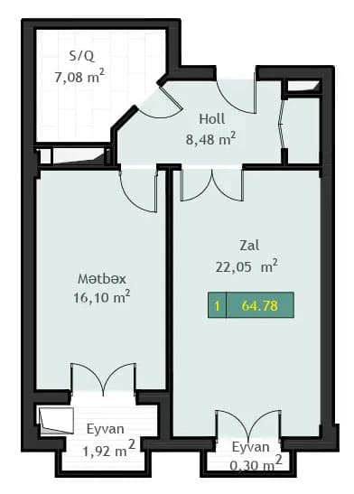 1 room, 64.78 sq.m.