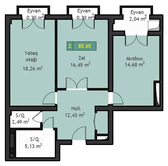 2 rooms, 85.65 sq.m.