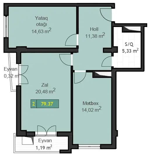 2 rooms, 79.37 sq.m.