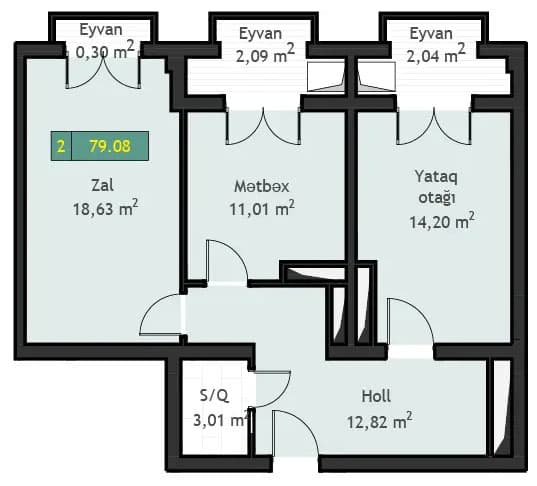 2 rooms, 79.08 sq.m.