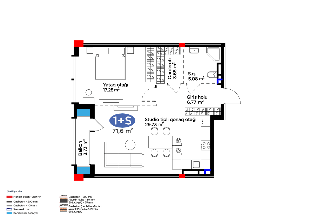 71.6 kvm, 2 otaqlı studio mənzil