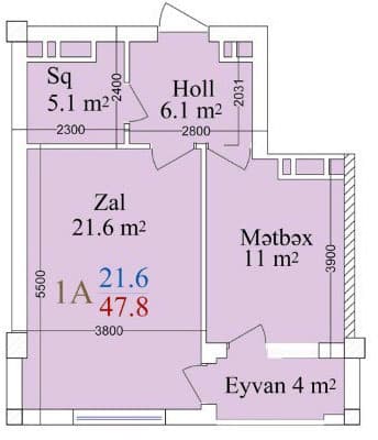 1 room, 47.80 sq.m.