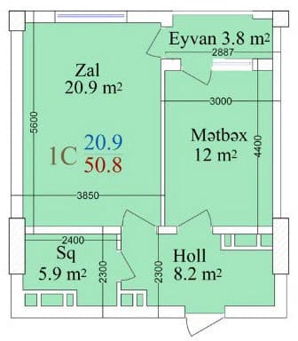 1 room, 50.80 sq.m.